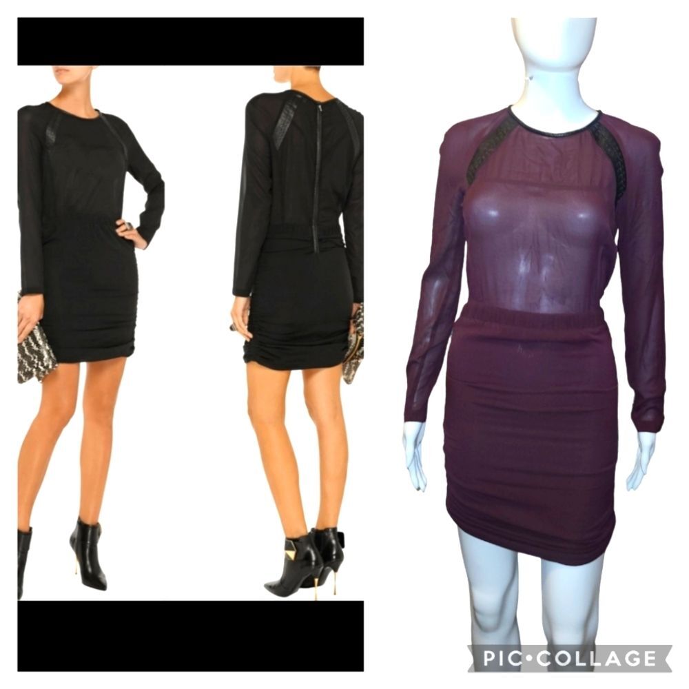 Iro Stepy Silk Dress With Leather Trim in Burgundy